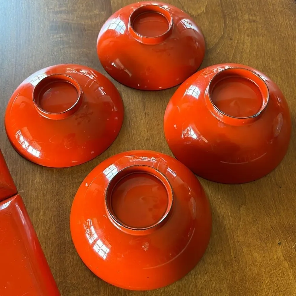 Vintage Japanese Laquered Plates & Rice Bowls